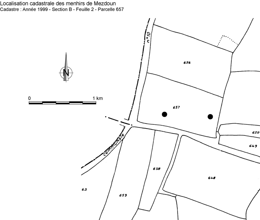 MEZDOUN, paire de menhirs. 
Ces menhirs, en granite de l'Aber Ildut, sont distants de 65 m et alignés sur un axe orienté S85°O.